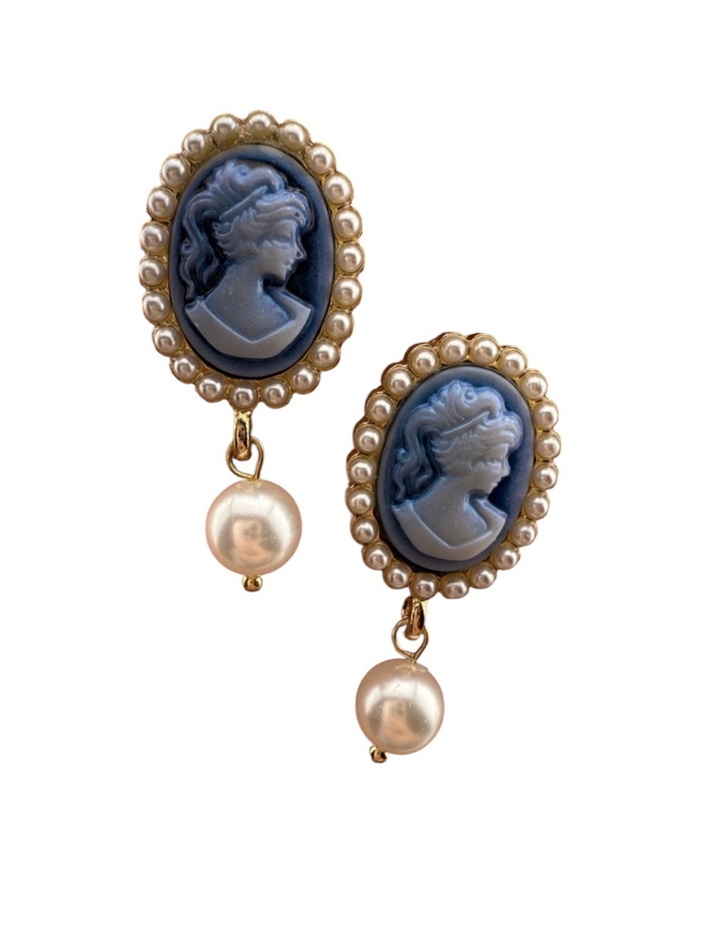 Victoria vintage gold color Blue oval Cameo Pearl Drop Earrings